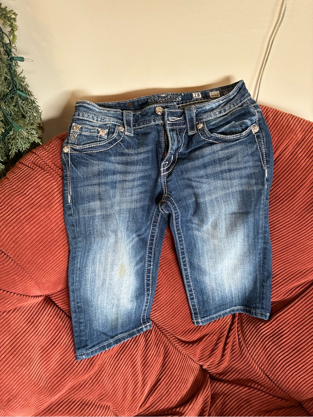 Miss Me Distressed Blue Denim Cropped Bermuda Jeans